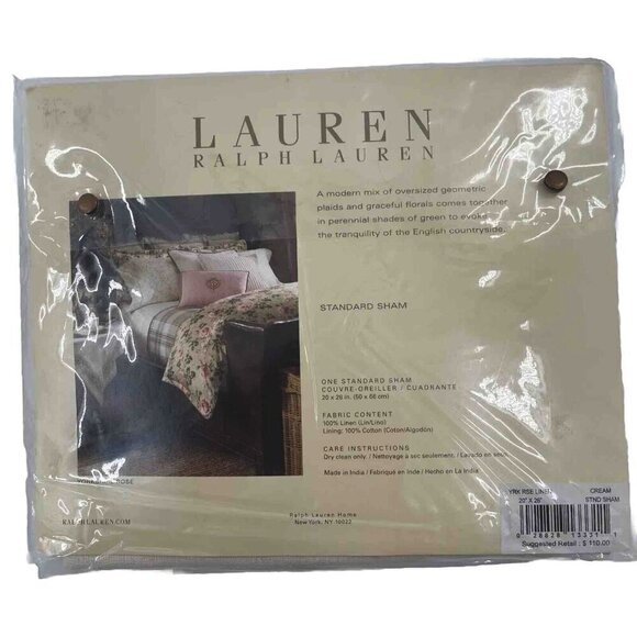 RALPH LAUREN Yorkshire Rose CREAM Standard Pillow SHAM LINEN NIP Set of 2 FLAW - Picture 3 of 12